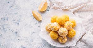 Lemon energy raw balls with coconut flakes