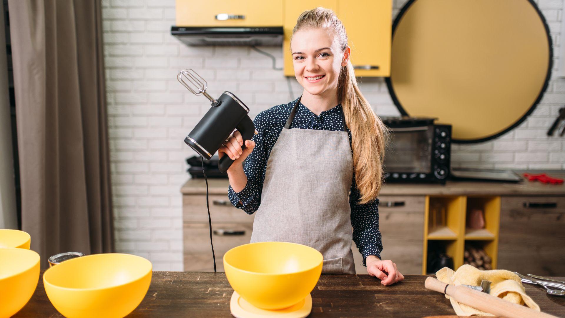 Woman in Apron Adds Sugar into Bowl, Dough Making